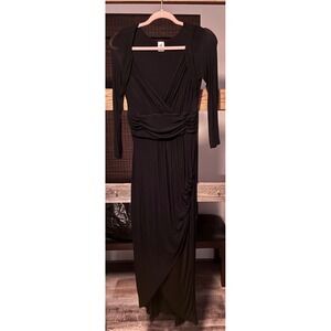 Peruvian Connection Black Ruched Surplice V-Neck Long Sleeve Maxi Dress S